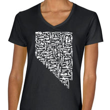 Load image into Gallery viewer, Black Woman v neck Nevada gun state shirt rifle shotgun pistol