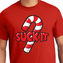 Load image into Gallery viewer, Red Suck It Christmas humor shirt candy cane
