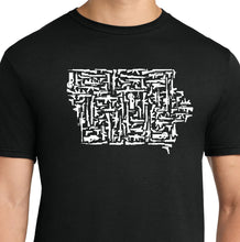 Load image into Gallery viewer, A man wearing a black short-sleeve crewneck t-shirt with a white graphic print of the state of Iowa made out of guns