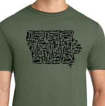 Load image into Gallery viewer, A man wearing a military green short-sleeve crewneck t-shirt with a white graphic print of the state of Iowa made out of guns