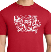 Load image into Gallery viewer, A man wearing a Red short-sleeve crewneck t-shirt with a white graphic print of the state of Iowa made out of guns