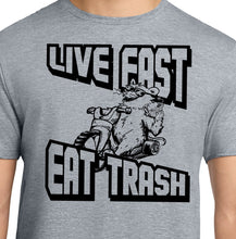 Load image into Gallery viewer, Possum driving a big wheel eating a hamburger live fast eat trash t-shirt 