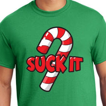Load image into Gallery viewer, Green Suck It Christmas humor shirt candy cane